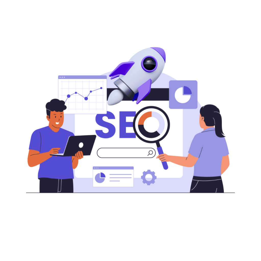 Illustration of people analyzing SEO data and search optimization