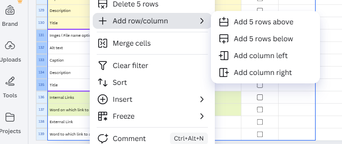 Canva worksheet showing the option to add five rows below