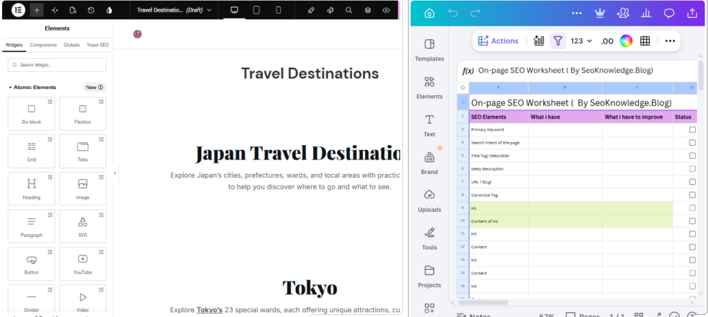 Website page and On-Page SEO worksheet opened side by side