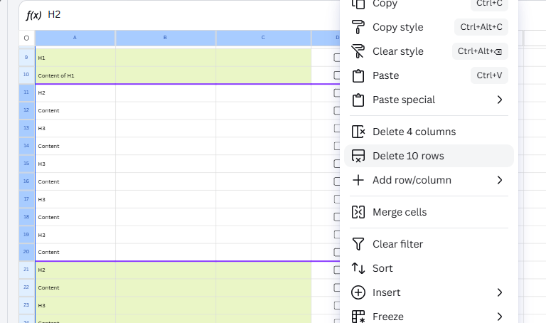 Canva worksheet showing selected rows and the Delete rows option