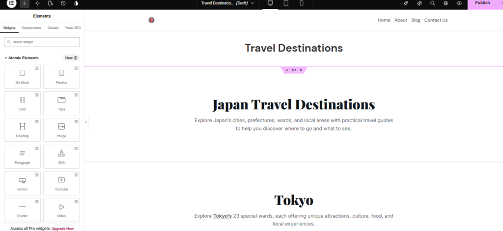 Elementor editor showing a Travel Destinations webpage